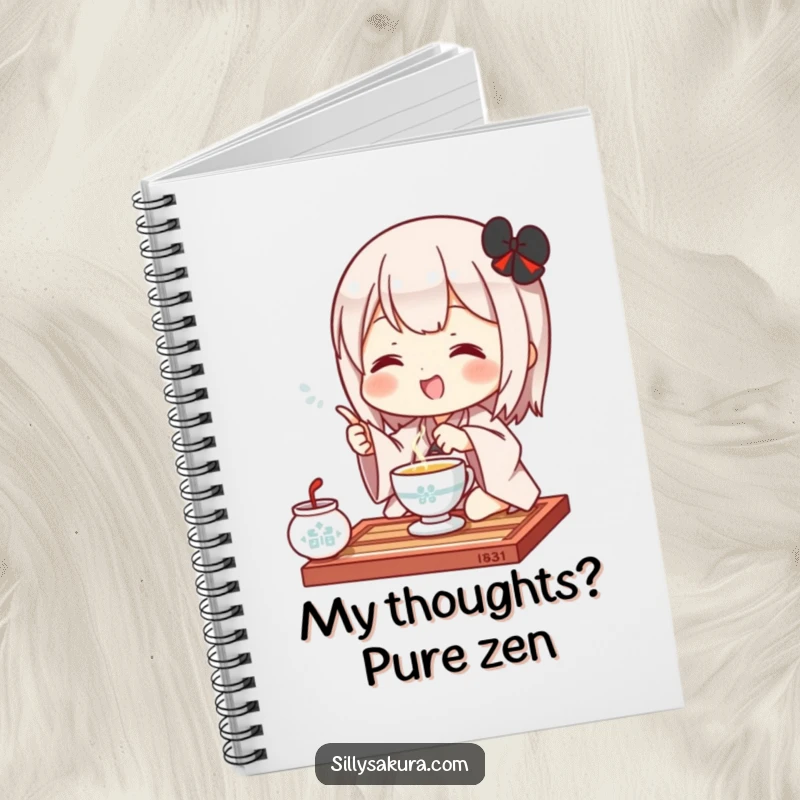 Funny Kawaii Notebook. A cute character captures the grace of a tea ceremony gesture, perfect for journaling or sketching.