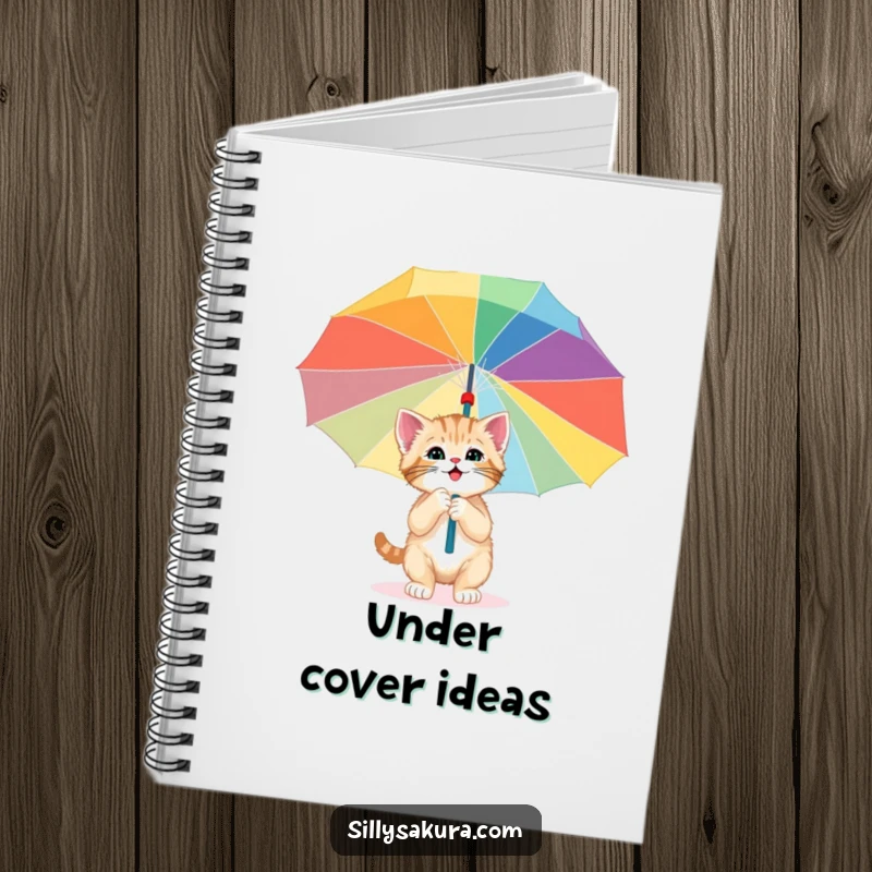Funny notebook with a happy kitten exploring under a giant, colorful paper umbrella, ideal for jotting down creative ideas and imaginative stories.