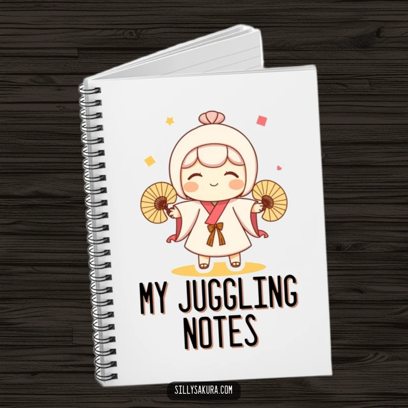 Funny notebook with a cute Kokeshi doll character playfully juggling three fans, ready to capture creative ideas.