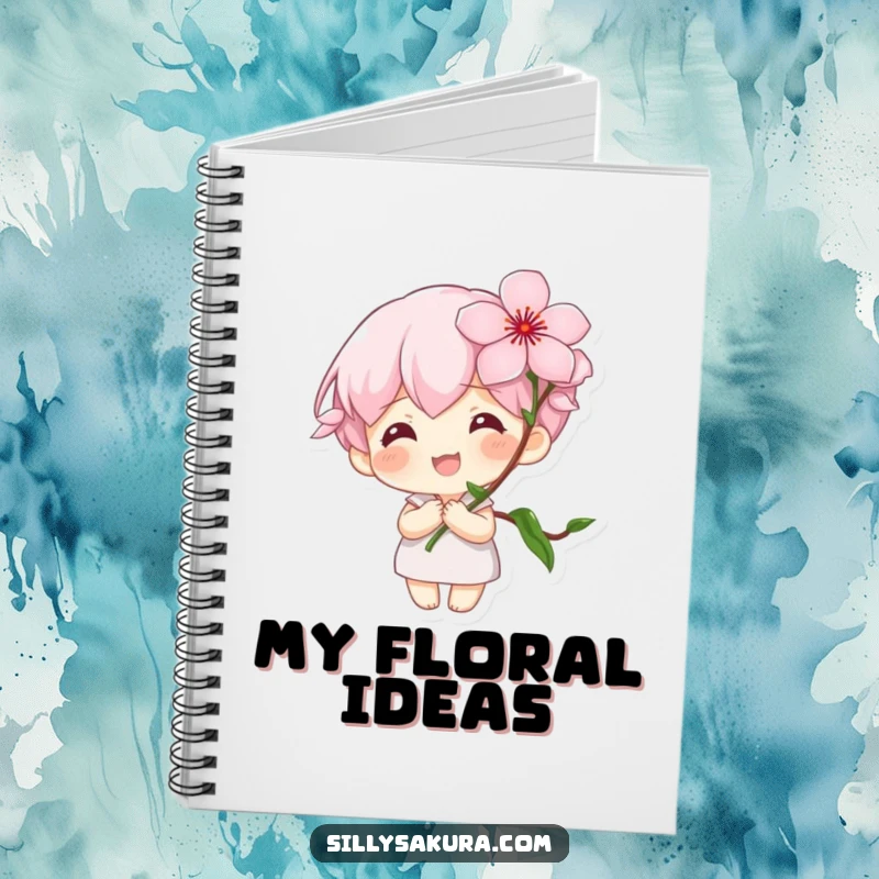 Funny Notebook: A tiny character with a large smile holds a blooming cherry blossom, ready to capture your bright ideas.