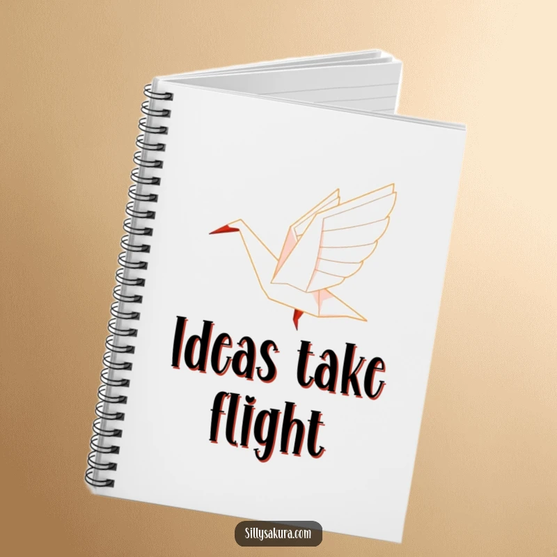 Funny Origami Notebook with a paper crane character gracefully taking flight, inspiring your thoughts.