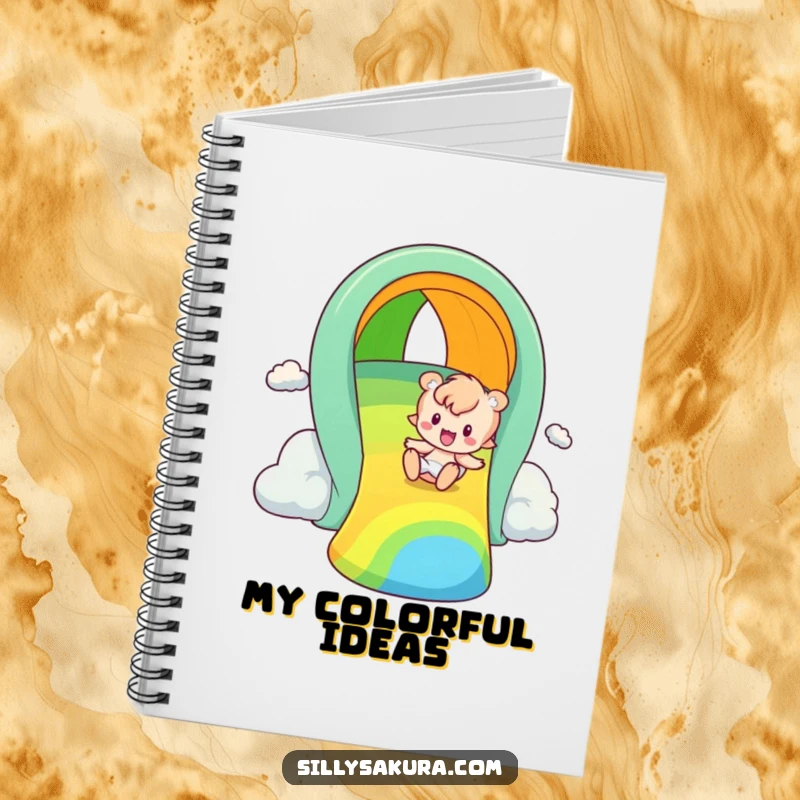 Funny rainbow slider notebook, a cheerful illustration of a character sliding down a colorful rainbow, great for note-taking.