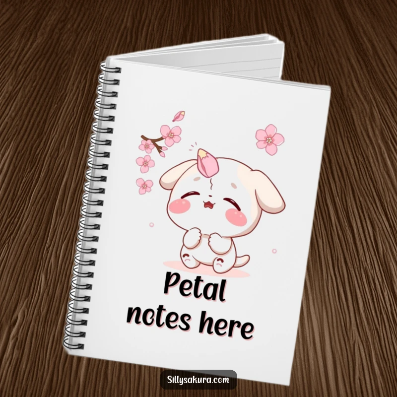 Funny notebook: a character comically tries to catch a sakura petal on its nose, ideal for writing funny observations.