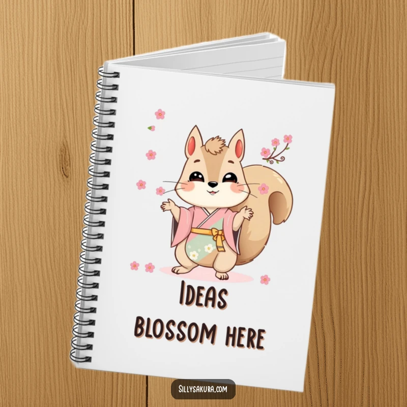 Funny notebook cover showing an energetic squirrel in a kimono juggling vibrant cherry blossoms, inspiring creativity.