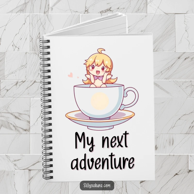 Funny Notebook featuring a character riding a whimsical, floating teacup, ideal for jotting down creative thoughts with a magical, humorous vibe.