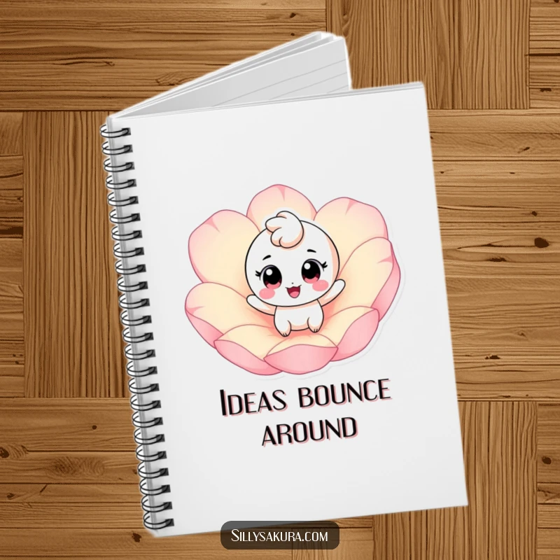 Funny notebook with a cheerful character, big eyes, bouncing on a pink petal; ideal for bright ideas.
