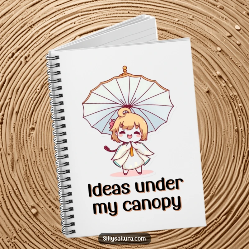 Funny Kawaii Umbrella Notebook with a cute character joyfully twirling a decorative umbrella on the cover, ready for inspiration.