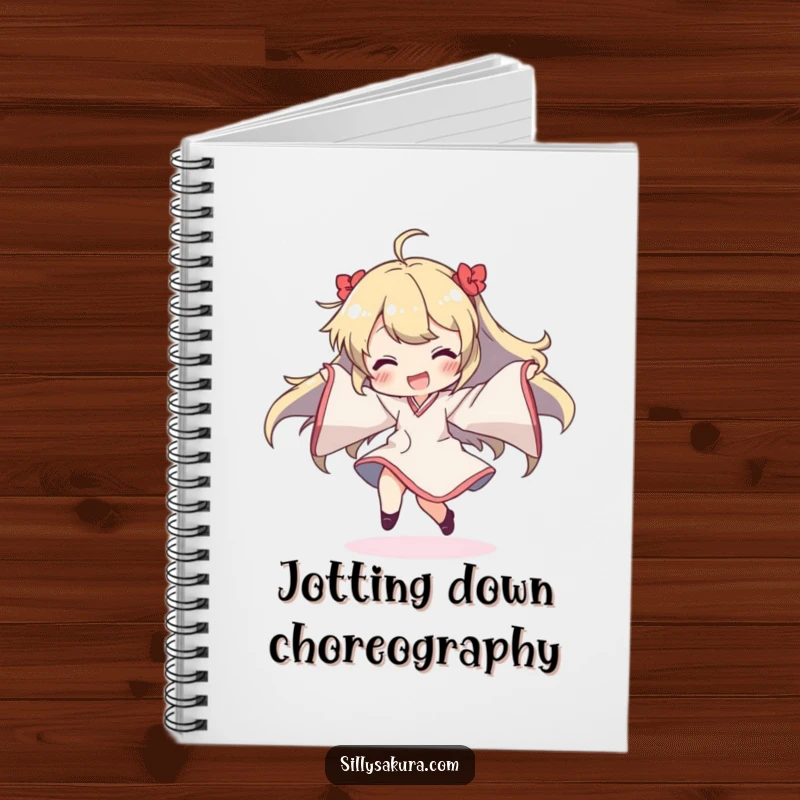 Funny notebook cover with a character dancing ecstatically, sleeves creating a dynamic, flowing visual, inspiring creativity and laughter.