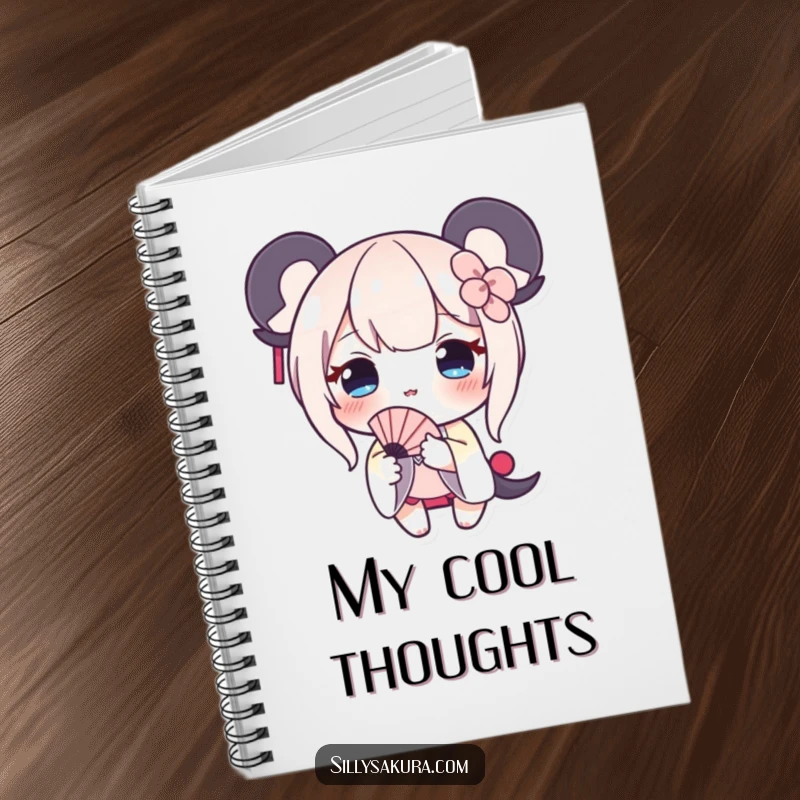 Funny notebook with a shy character blushing, offering a small fan, perfect for notes and journaling.