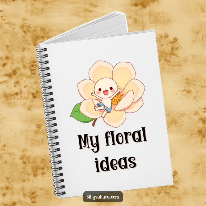 Funny cute kawaii character joyfully kicking a large, stylized blossom, featured on the cover of a notebook for capturing bright ideas.