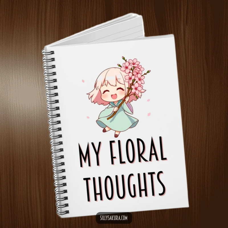 Funny notebook with a joyful character spinning with a bouquet of exquisite pink blossoms, encouraging creative writing and joyful expression.