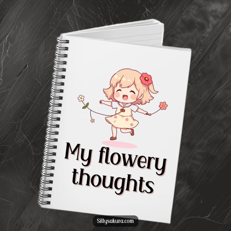 Funny skipping character notebook, a cheerful illustration of a character skipping rope with a string of flowers, great for note-taking.