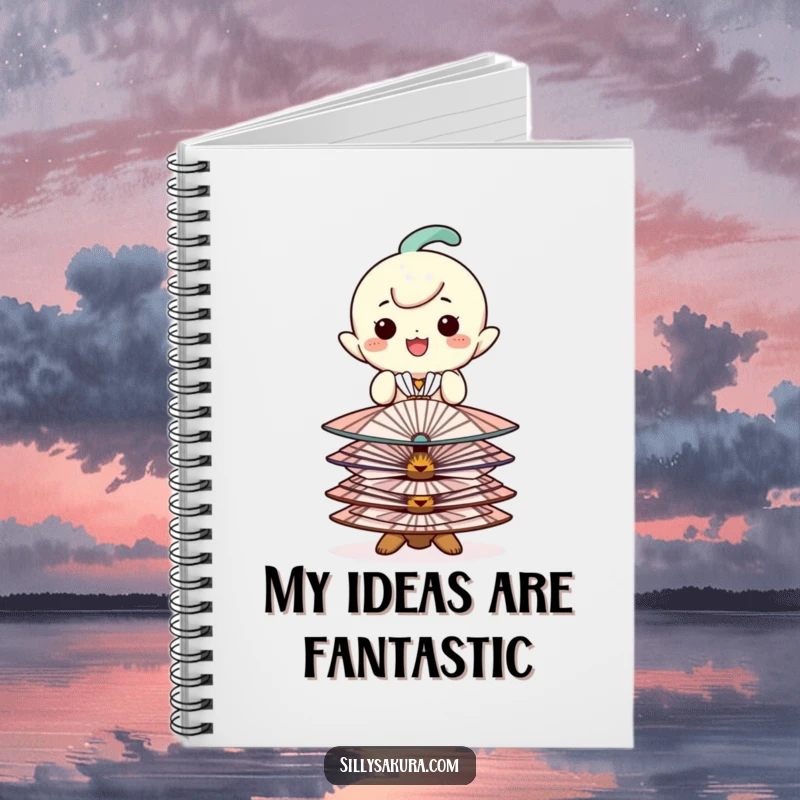 Funny notebook with a happy character balancing decorative fans, ideal for capturing stylish thoughts.