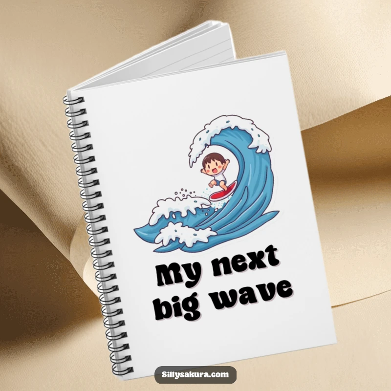 Funny notebook cover with a character surfing a stylized wave, ideal for journaling beach memories or daily thoughts humorously.
