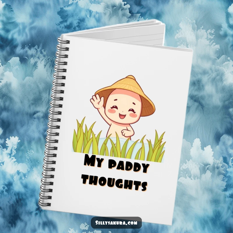 Funny notebook: a smiling character with a straw hat waves from a rice paddy, ideal for jotting down happy thoughts.