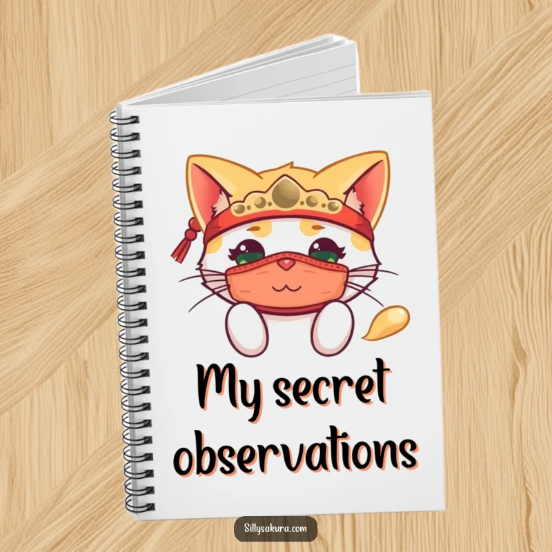 Funny notebook featuring a happy cat wearing a traditional mask and playfully peeking out, ready to inspire notes.