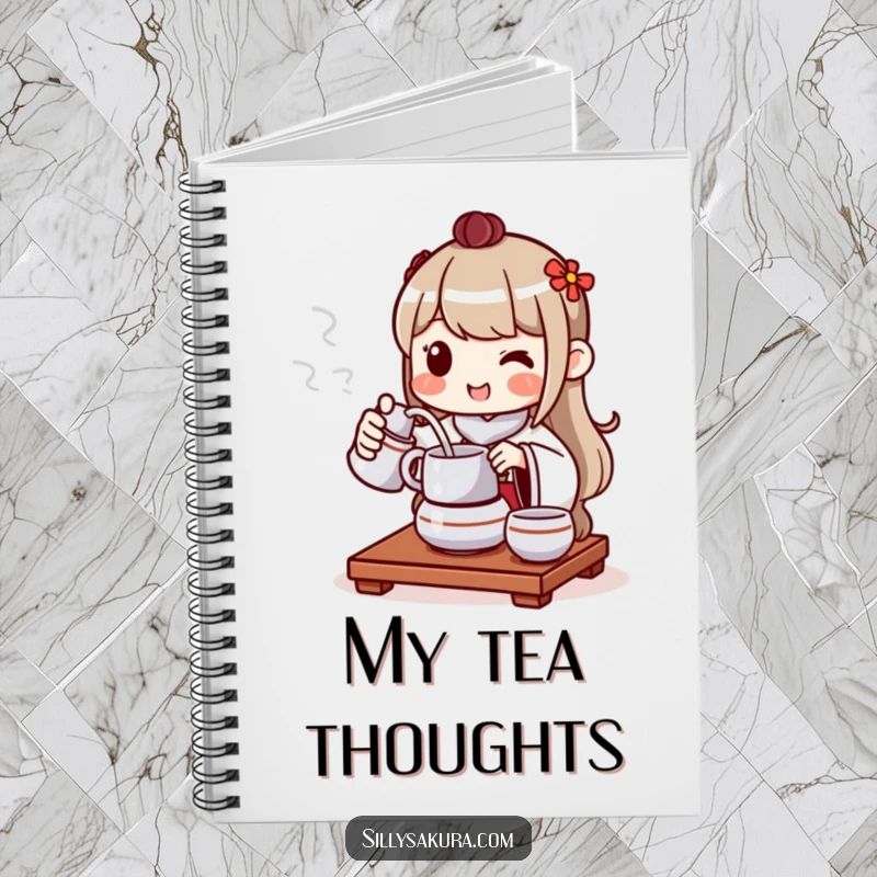 Funny notebook cover featuring a cheerful character performing a tea ceremony, pouring tea with a content and happy smile.