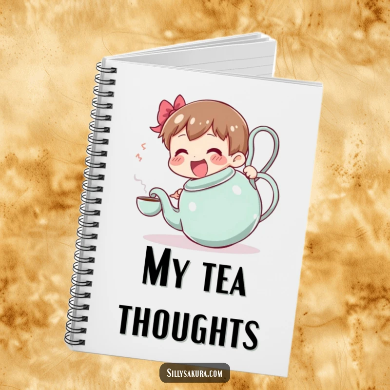 Funny notebook: a character attempts tea service with a large, wobbling teapot, ideal for jotting down happy thoughts.