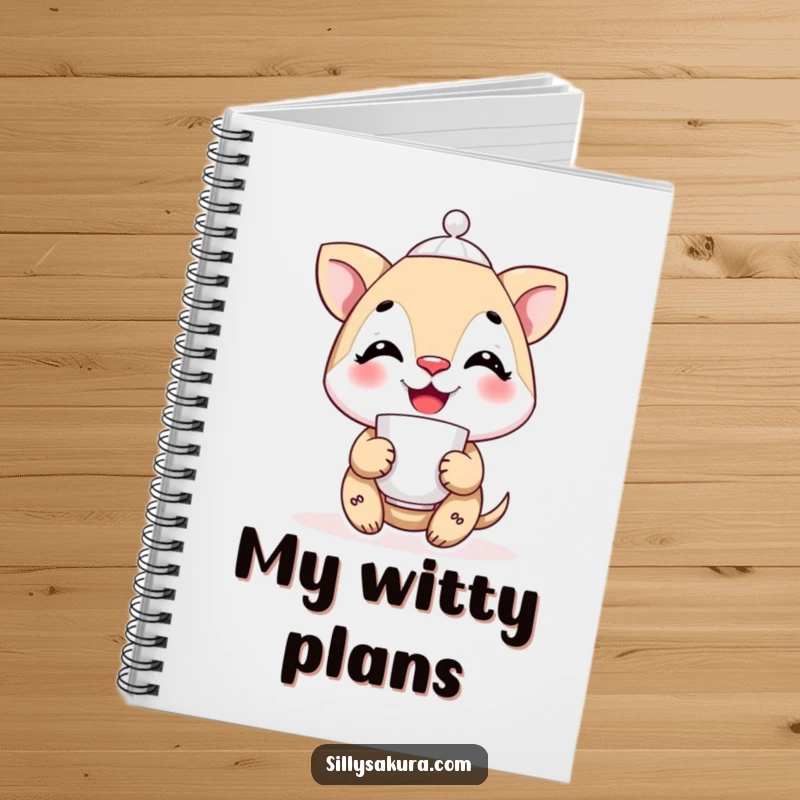 Funny smiling character precariously balancing a teacup on its nose, featured on the cover of a notebook for precise planning.