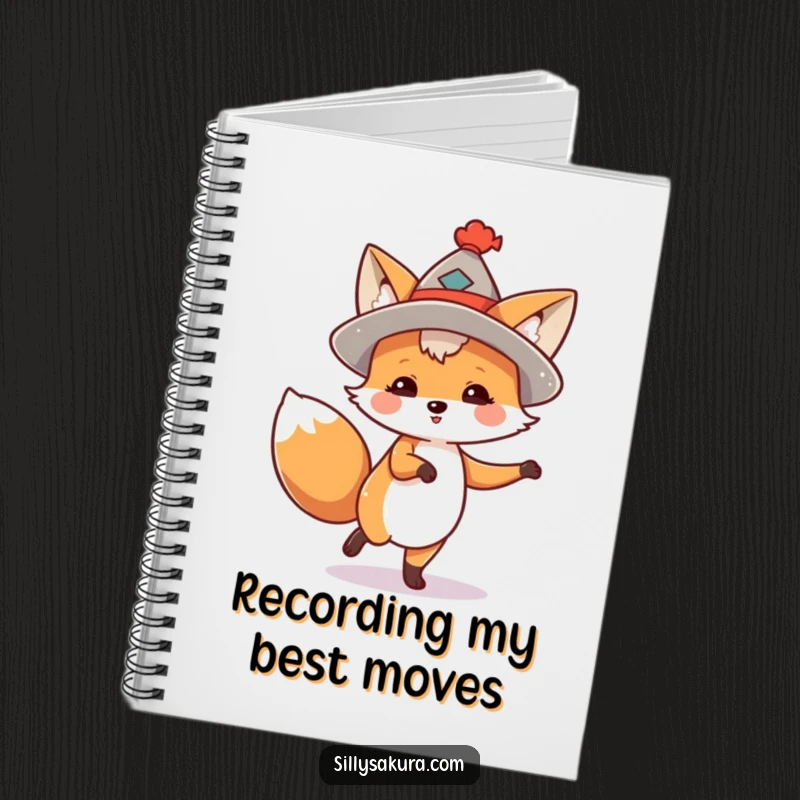 Funny notebook with a cover showing a happy fox wearing a hat and doing a lively, energetic dance.