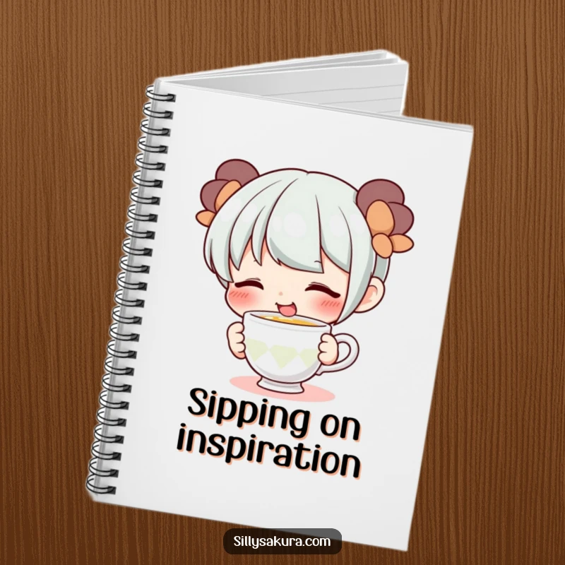 Funny notebook with a cute, smiling character playfully sipping from a tiny teacup, perfect for writing and drawing.