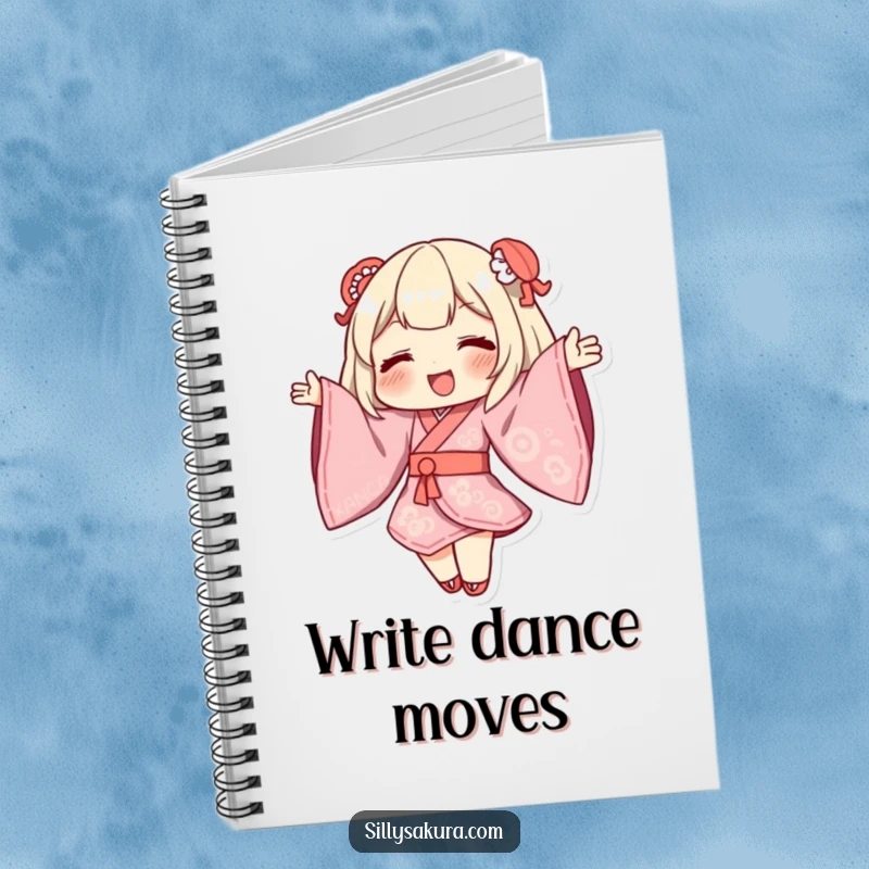 Funny Kimono Notebook with a character dancing, sleeves billowing, inspiring creative expression.