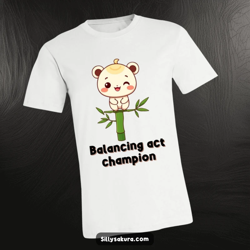 Funny t-shirt featuring a character with a wide, cheerful grin, perfectly poised and balancing on a solitary bamboo stalk.