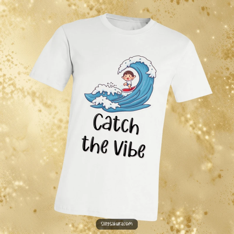 Funny t-shirt with a dynamic character riding a stylized wave, conveying pure exhilaration and beach fun for all.
