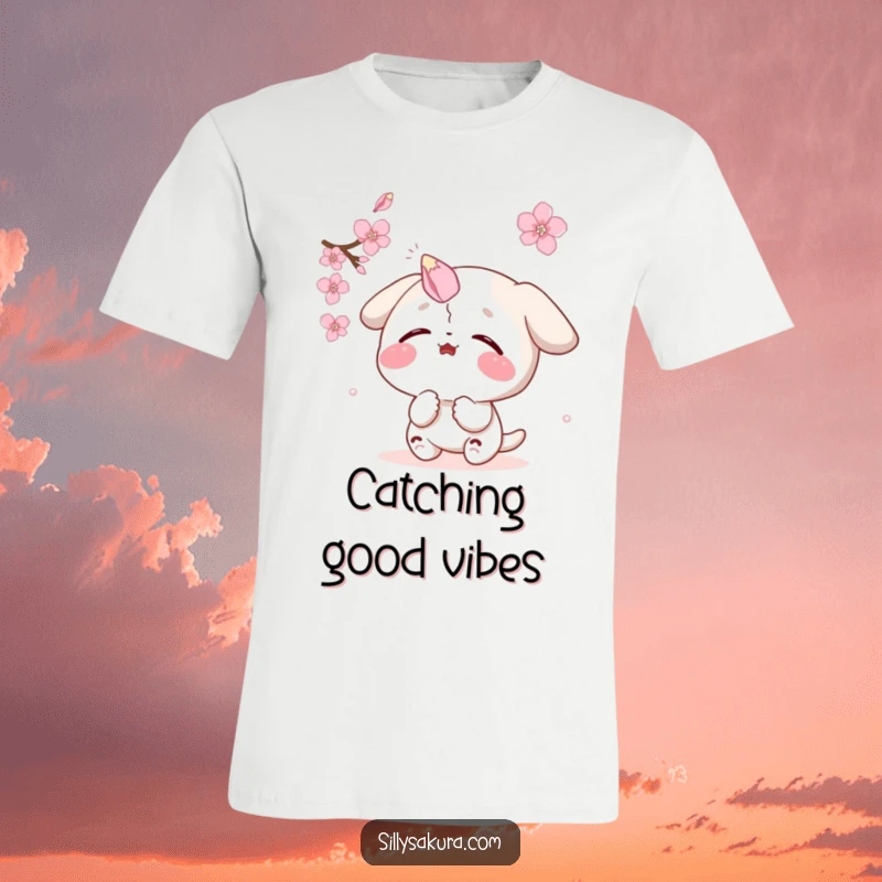 Funny t-shirt: a delighted character comically tries to catch a falling sakura petal precisely on its nose, full of concentration.