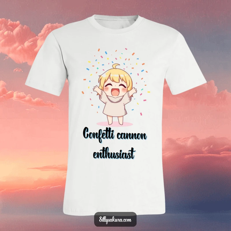 Funny T-Shirt: A cheerful character joyfully launching a cascade of colorful confetti, a symbol of unbridled happiness.