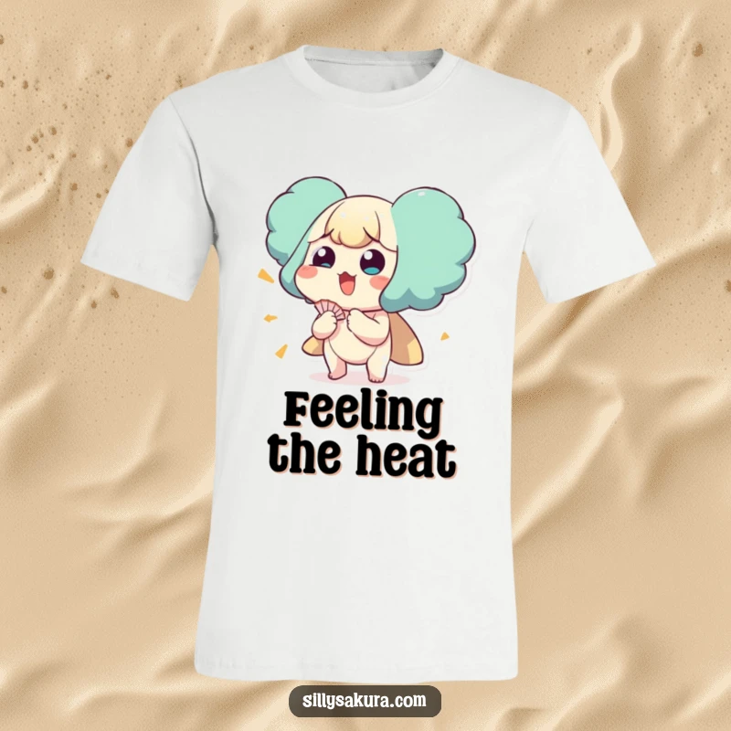Funny t-shirt featuring a character comically fanning themselves with an exaggerated expression of relief from heat.
