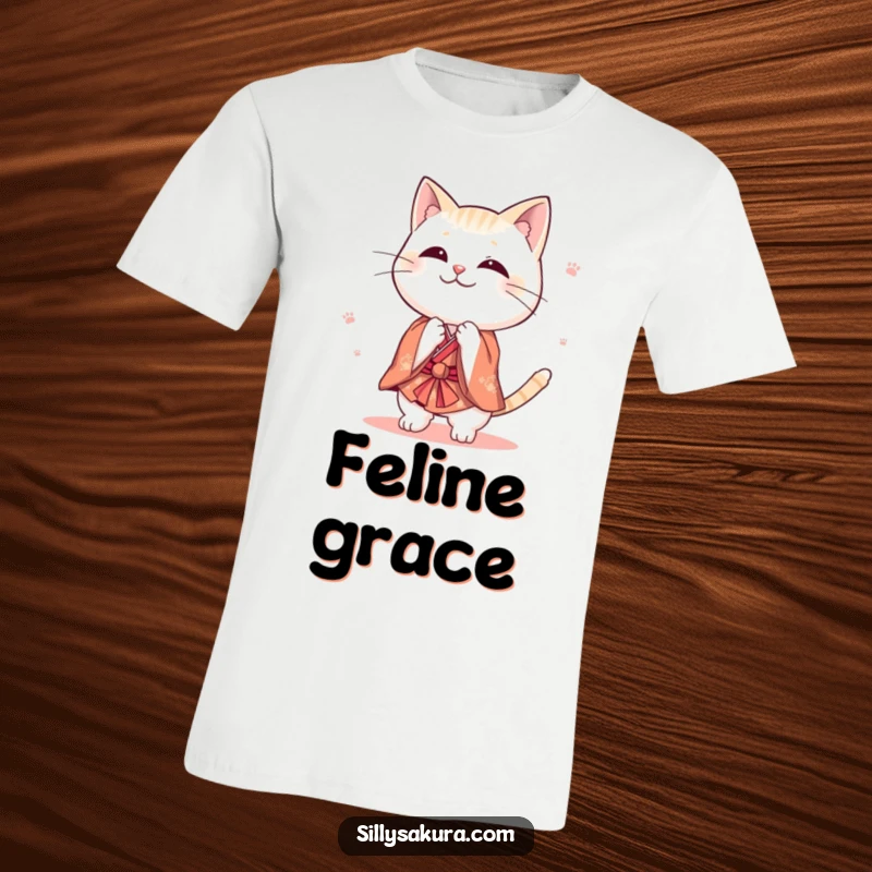 Funny cat t-shirt with a cute character in a tiny kimono bowing playfully, ideal for cat lovers and those who appreciate stylish, humorous apparel.