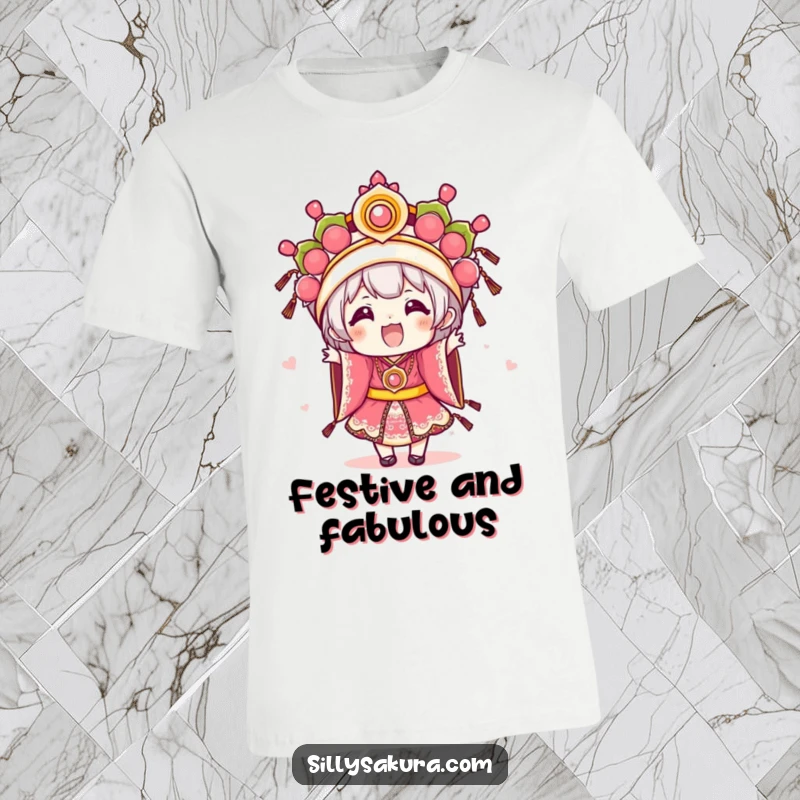Funny Kawaii t-shirt with an excited character adorned in elaborate festival clothing, perfect for festive occasions.