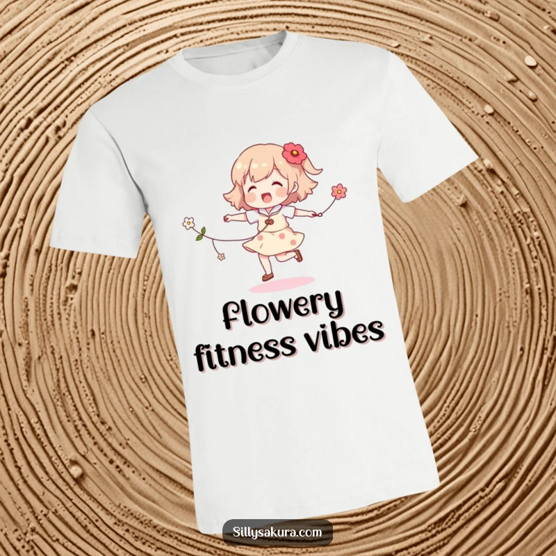 Funny skipping character t-shirt, a cute illustration of a character happily jumping rope, with a garland of flowers intertwined.