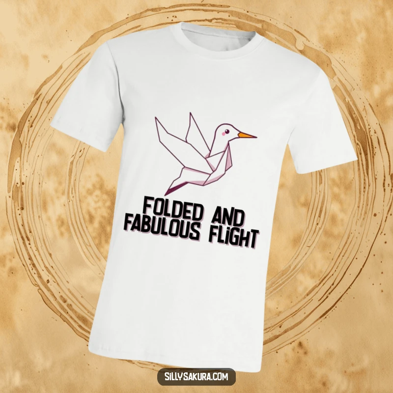 Funny t-shirt with a giggling origami crane character gracefully soaring through the air, bringing smiles and airborne mirth.