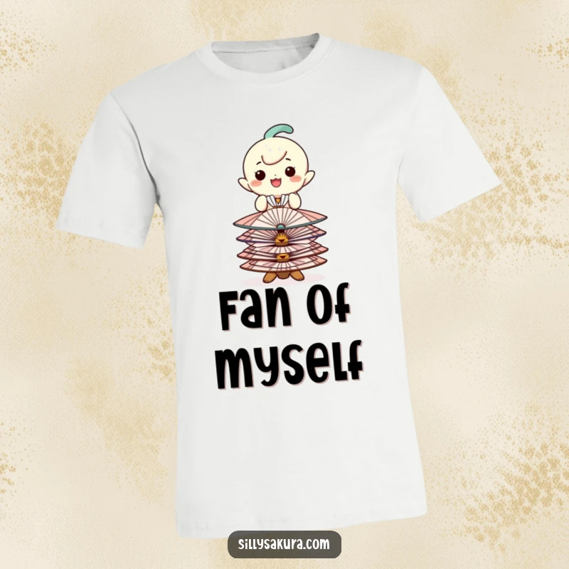 Funny t-shirt with a happy character balancing a stack of small, decorative fans, exuding playful style and skill.