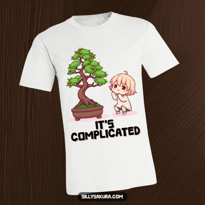 Funny t-shirt depicting a character hilariously attempting to trim and arrange a small Bonsai tree with exaggerated effort.