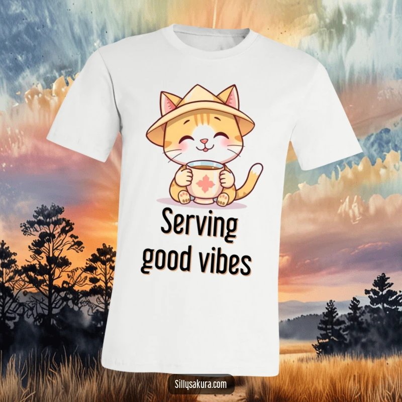 Funny T-Shirt featuring a smiling cat in a paper hat, holding out a cup of tea, perfect for tea parties and cat cuddles.