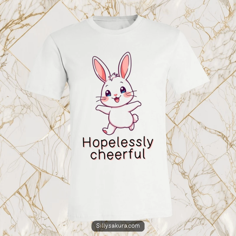 Funny T-Shirt featuring a delightful, cheerful rabbit with alert ears, captured mid-hop in a moment of sheer glee.