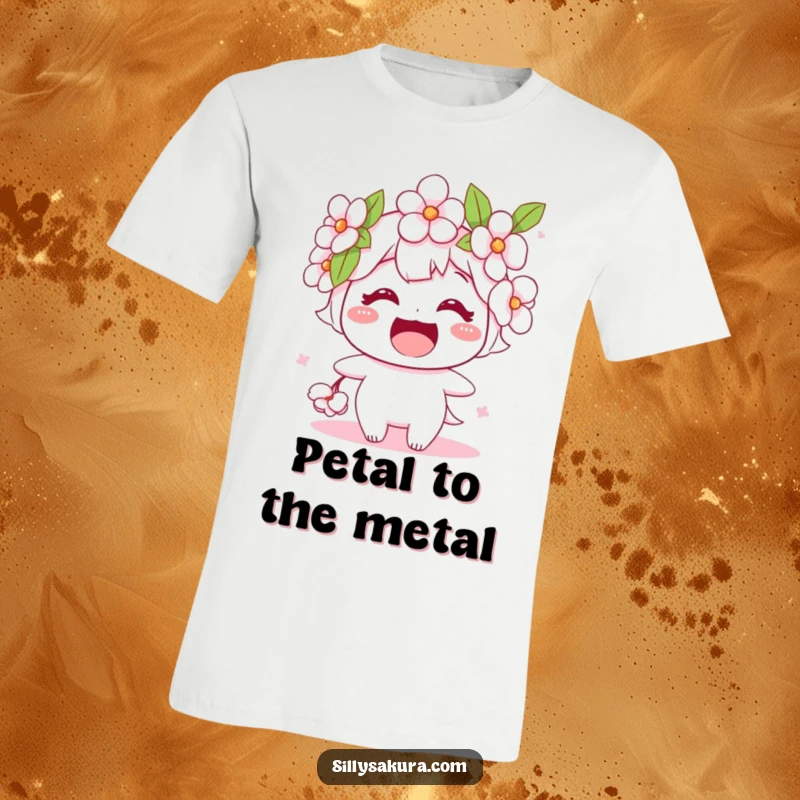 Funny t-shirt showcasing a stylized cherry blossom character with a wide, infectious smile mid-bloom, celebrating joy and nature.