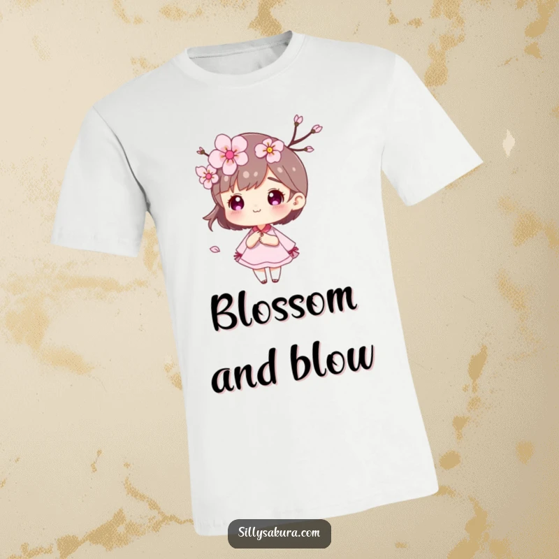Funny Cherry Blossom T-Shirt with a character and graceful petals blowing freely in the wind.