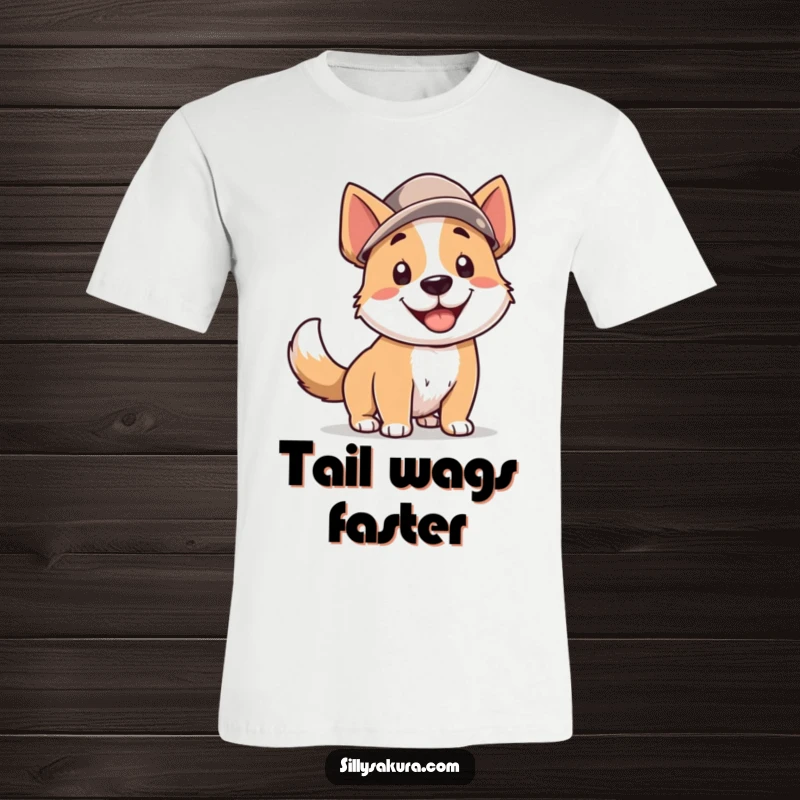 Funny Dog T-Shirt: A smiling dog character sporting a hat and wagging its tail with infectious enthusiasm, perfect for dog lovers.