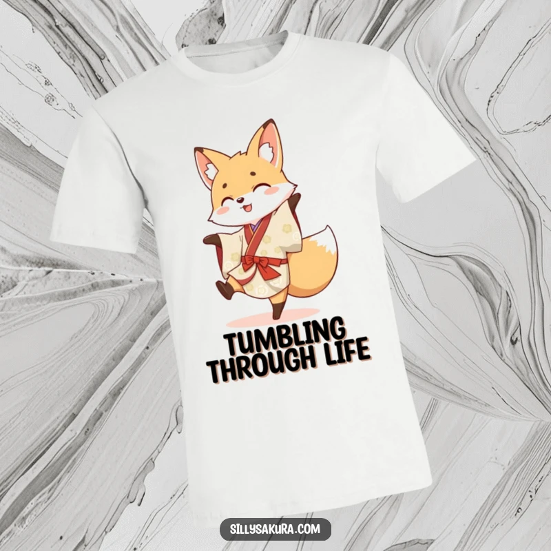 Funny t-shirt displaying an energetic fox in a kimono mid-cartwheel, full of playful motion and humor.
