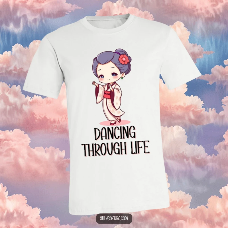 Funny geisha dancer t-shirt featuring a small, elegantly posed character in a Japanese dance, perfect for humor lovers.