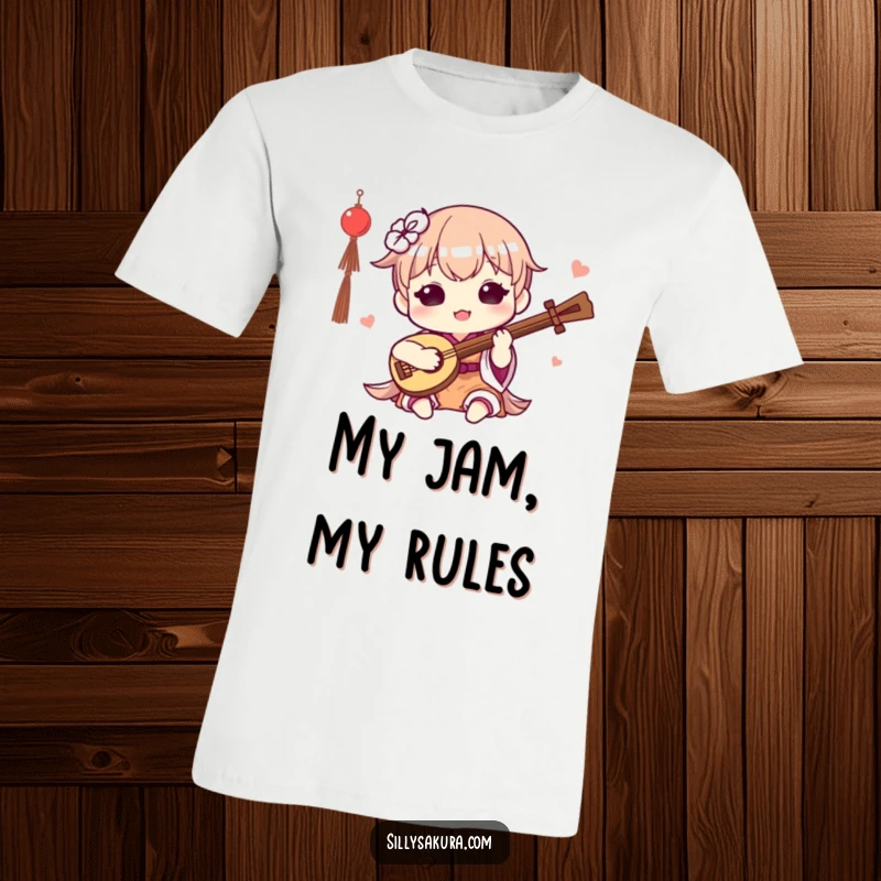 Funny Kawaii T-Shirt. A cute character happily plays a small traditional instrument, radiating musical joy and charm.