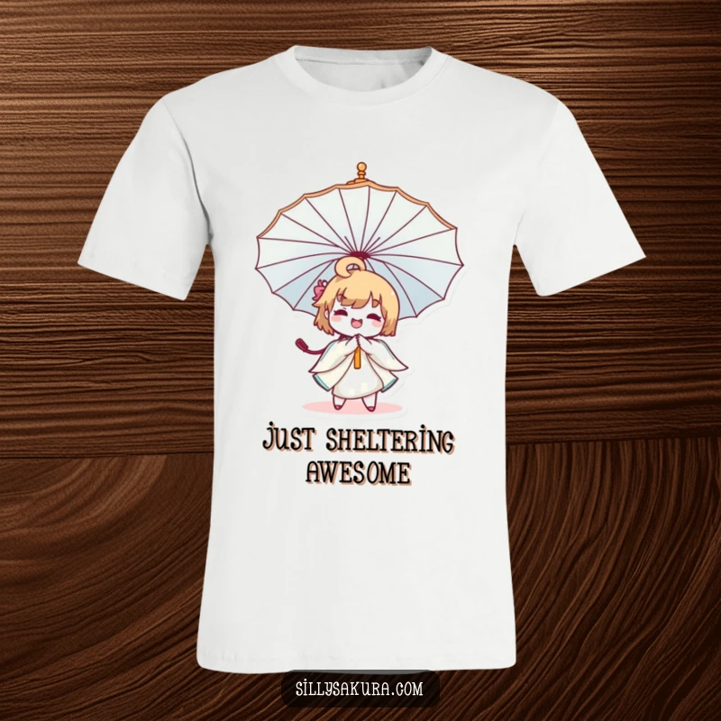 Funny Kawaii Umbrella T-Shirt showcasing a cute character happily twirling a big, decorative umbrella with pure delight.