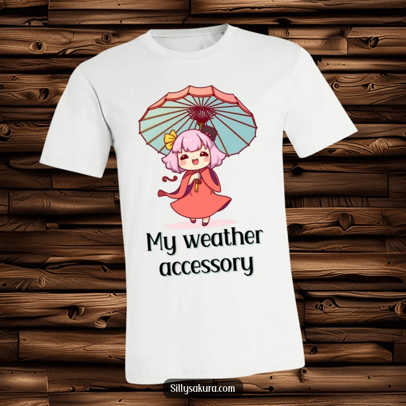 Funny Kawaii t-shirt with a character happily twirling a decorative umbrella, showcasing a vibrant and joyful artistic expression.