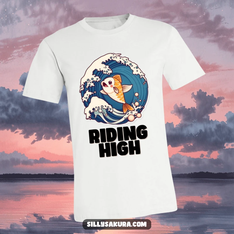 Funny t-shirt illustrating a lively koi fish character mid-leap, emerging from a powerful, energetic wave.