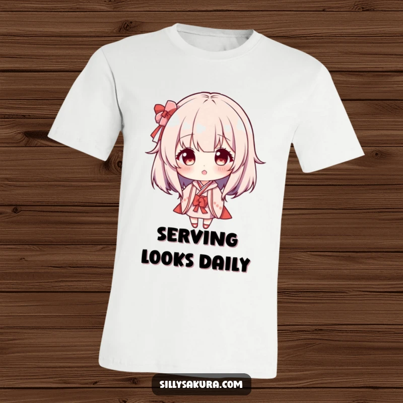 Funny Maiko Wig T-Shirt: A cute character humorously wearing a small, traditional Maiko wig with a playful expression.