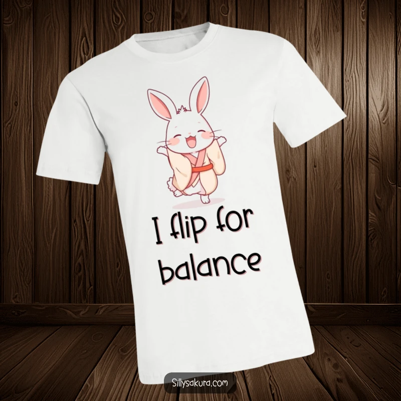 Funny rabbit in a silk kimono attempting a handstand with a cheerful, giggling expression on a t-shirt.